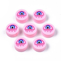 Бледно-Розовый Бусины из полимерной глины , плоские круглые с сглаза, розовый жемчуг, 9.5~10x4.5 мм, отверстие : 1.6 мм