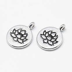 Antique Silver Tibetan Style Alloy Pendants, Flat Round with Lotus, Cadmium Free & Lead Free, Antique Silver, 20x15x4.5mm, Hole: 1.5mm, about 490pcs/1000g