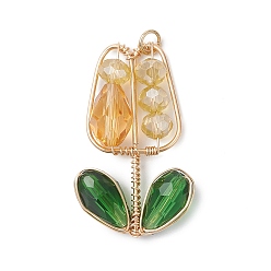 Желтый Подвески гальванизируйте стекла, очаровательный цветок тюльпана, с экологически чистой медной проволокой, граненые, желтые, 36~37x23~24x8 мм, отверстие : 3.4 мм