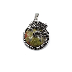 Unakite Natural Unakite Pendants, with Antique Silver Alloy Finding, Flat Round with Skull Charms, 40x35mm