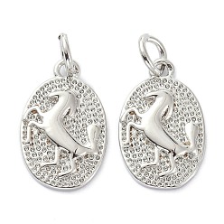 Real Platinum Plated Rack Plating Rack Plating Brass Pendants, with Jump Ring, Long-Lasting Plated, Textured, Oval with horse, Real Platinum Plated, 16x10x2mm, Hole: 3mm