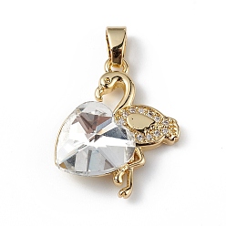 Прозрачный Настоящие позолоченные подвески из латуни с микропаве из прозрачного кубического циркония, со стеклом, долговечный, без кадмия и без свинца, фламинго с сердечком, прозрачные, 18 мм, отверстие : 24x19x8 мм