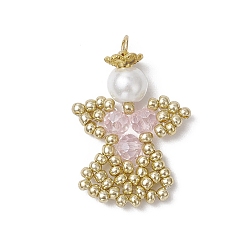 Pink Подвески-ангелы из стеклянных бисеров, с круглой стеклянной жемчужиной и 304 соединительными кольцами из нержавеющей стали, розовые, 29x18.5x6 мм, отверстие : 3 мм