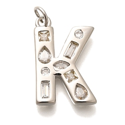 Letter K Латунные микропаве прозрачные подвески с фианитом, с целью перехода в кольце, без свинца и без кадмия, долговечный, стойки покрытие, письмо амулеты, платина, Письмо K, 20.5x13.5x2.7 мм, Перейти кольцо: 5x1 мм, 3 mm внутреннего диаметра.