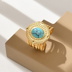Oval Кольца из натуральной бирюзы, 304 открытые манжеты из нержавеющей стали, реальный 18 k позолоченный, овальные, овальный : 20x18.5 mm, регулируемый