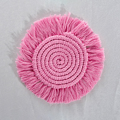 Hot Pink Cotton Macrame Cup Mats, Handmade Braided Tassel Coaster, Round, Hot Pink, 180mm