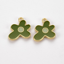 Dark Olive Green Rack Plating Light Gold Alloy Enamel Pendants, Cadmium Free & Lead Free, Flower, Dark Olive Green, 17x16x2mm, Hole: 1.6mm