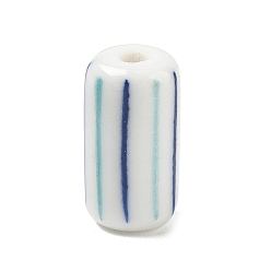 Royal Blue Handmade Porcelain Beads, Column with Stripe Pattern, Hand Painted, Royal Blue, 17x9mm, Hole: 2.5mm