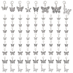 Античное Серебро Подвеска в виде бабочки в тибетском стиле из сплава, с 304 открытыми соединительными кольцами из нержавеющей стали и карабинами из цинкового сплава, античное серебро, 22~31 мм, 8 стили, 10 шт / стиль, 80 шт / комплект