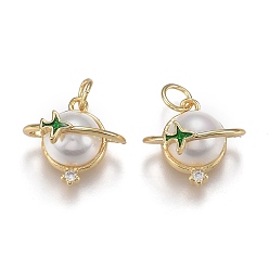 Настоящее золото 18K Латунные микропаве прозрачные кубические циркониевые подвески, с прыгающим кольцом и акриловыми бусинами, долговечный, планета с самолетом, реальный 18 k позолоченный, 14x14.5x7.5 мм, отверстие : 3.5 мм