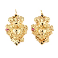 Real 18K Gold Plated Brass Micro Pave Orchid Cubic Zirconia Pendants, Sacred Heart with Crown Charms, Rack Plating, Long-Lasting Plated, Lead Free & Cadmium Free, Real 18K Gold Plated, 27x19.5x5.5mm, Hole: 3mm