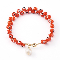 Red Natural Pearl Charm Bracelets, with Handmade Evil Eye Lampwork Beads and Cardboard Box, Round, Golden, Red, 7-1/2 inch(19cm)