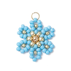 Светло-Голубой Подвески-цветы из стеклянных бус, с 304 кольцами из нержавеющей стали, Небесно-голубой, 22.5x17.5x4 мм, отверстие : 2.5 мм