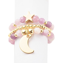 Лепидолит 3шт 3 набор колец-эластиков из натурального лепидолита/фиолетовой слюды и синтетического гематита, кольцо из драгоценных камней с луной и латунной звездой для женщин, золотые, размер США 10 1/4 (19.9 мм), 1 шт / стиль