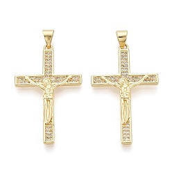 Настоящее золото 16K Религиозные латунные подвески с микропаве из прозрачного кубического циркония, крест с подвесками Иисуса, реальный 16 k позолоченный, 34.5~35x21x3 мм, отверстие : 5x3.5 мм