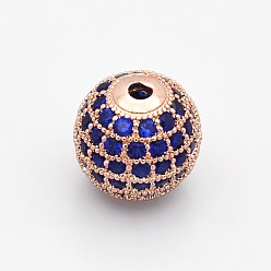 Розовое Золото Латунные микро проложить класса AAA кубического циркония бусы, без кадмия, без никеля и без свинца, круглые, синие, розовое золото , 12 мм, отверстие : 2 мм