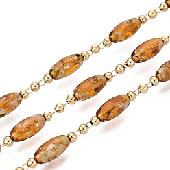 Goldenrod Handmade Brass & Glass Beaded Link Chains, Oval, Soldered, with Spool, Real 18K Gold Plated, Goldenrod, 8.5~9x4~4.5mm