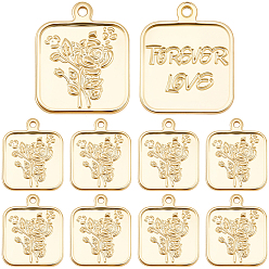 Настоящее золото 18K 10 латунные подвески шт., на день Святого Валентина, квадрат с розой и словом навсегда любовь, долговечный, реальный 18 k позолоченный, 18x15x1 мм, отверстие : 1.4 мм