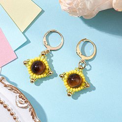 Желтый Серьги-подвески из натурального тигрового глаза, с 304 фурнитурой для сережек с застежкой-ангелом из нержавеющей стали и стеклянными бусинами, золотые, желтые, 35x18.5~19 мм