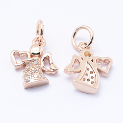 Rose Gold Brass Micro Pave Cubic Zirconia Charms, Angel, Lead Free & Nickel Free & Cadmium Free, Rose Gold, 12x9.5x2mm, Hole: 3.5mm