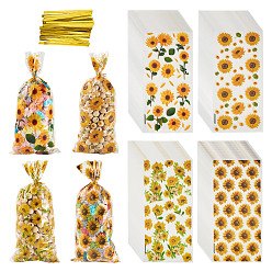 Золотистый 100шт. пластиковые пакеты для упаковки печенья и конфет, прямоугольник с цветочным узором, с золотыми проволочными стяжками, золотые, 268x125x0.1 мм