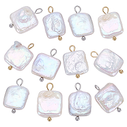 Золотой & Цвет Нержавеющей Стали 12шт. 2 цвета, подвески из натурального пресноводного жемчуга кеши, квадратных амулеты, с 304 петлями из нержавеющей стали, белые, золотые и нержавеющая сталь цвет, 16.5~18.5x10~13x3~5 мм, отверстие : 2~3.5 мм, 6 шт / цвет