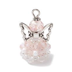 Розовый Стеклянные подвески, угол, с бусинами-крылышками из сплава и железной петлей, граненые, туманная роза, 29x18x16 мм, отверстие : 3 мм