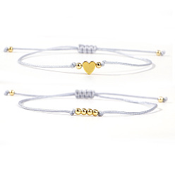 Гейнсборо 2шт. 2 стили богемные латунные бусины плетеные браслеты из бусин, Браслеты из нейлоновой нити плетеные для женщин, круглый и сердце, золотые, светло-серые, 11.02 дюйм (28 см)