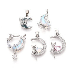 Платина Подвески из латуни микропаве с фианитами и стеклом, луна, платина, 16~26.5x13~19.5x3~7 мм, отверстие : 1.6~6x2~3 мм