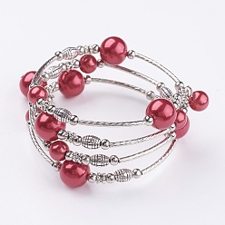 (123L) Белый крем непрозрачный блеск Браслеты из стеклопластика, четыре петли, С шариками из латунной трубки и прокладками из бисера, старинное серебро и платина, огнеупорный кирпич, 2-1/8 дюйм (53 мм)