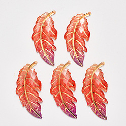 Red Transparent Acrylic Big Pendants, with Plated Bottom, Leaf, Red, 61.5x27x4mm, Hole: 1.2mm