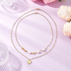 Letter K Натуральный культивированный пресноводный жемчуг рисовые бусины латунное сердце с подвеской в виде буквы скрепка цепочка двухслойные ожерелья, золотые, Письмо K, 16.73 дюйм (42.5 см) и 20.39 дюйм (51.8 см), 2 шт / комплект