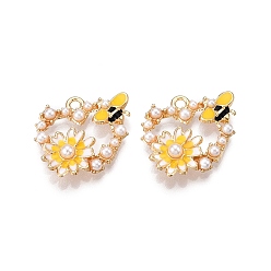 Золотистый Стойки обшивки сплава эмали подвески, с ABS имитации жемчуга, без кадмия, без никеля и без свинца, золотой свет, подвеска в виде сердца с цветком и пчелой, золотые, 19x20x4 мм, отверстие : 1.8 мм