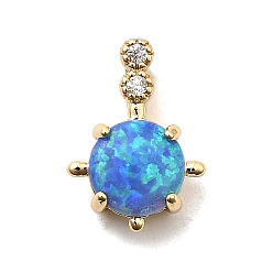 Темно-Голубой Синтетические опаловые плоские круглые подвески, с латунными вставками из прозрачных кубических цирконий и соединительными кольцами, реальный 18 k позолоченный, долговечный, стойки покрытие, без свинца и без кадмия, глубокое синее небо, 12.5x8.5x4 мм, отверстие : 4x1.5 мм
