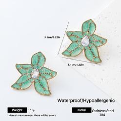 Dark Sea Green 304 Stainless Steel Enamel Stud Earrings for Women, Flower, with Rhinestone, Golden, Dark Sea Green, 31x31mm