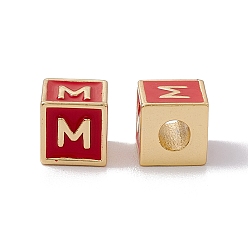 Letter M Стойки покрытие латунь эмаль бисер, без кадмия, без никеля и без свинца, реальный 18 k позолоченный, куб с письмом, красные, letter.m, 6x6x6 мм, отверстие : 2.5 мм