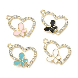 (52) Непрозрачная лаванда Подвески из сплава эмали и стразов, сердце с бабочкой, золотой свет, без кадмия, без никеля и без свинца, разноцветные, 23.5x19.5x2 мм, отверстие : 2 мм