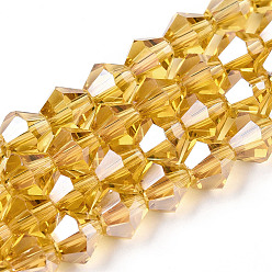 (932FM) Темно-синий аква-матовый с подкладкой Стеклянные бусины с гальваническим покрытием , гальваническое покрытие, граненые, двухконусные, темно-золотистые, 6x5.5~6 мм, отверстие : 1 мм, около 44~47 шт / нитка, 24.5~25 см