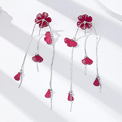 Dark Red Alloy Stud Dangle Earrings, Flower, Dark Red, 101x16mm