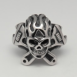 Antik Silber Farbe 304 Edelstahl Piraten-Stil Schädel breite Ringe, Antik Silber Farbe, 17~23 mm