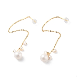 Real 18K Gold Plated Round Natural Pearl Stud Earrings for Women, Sterling Silver Ear Thread, Real 18K Gold Plated, 89x8mm