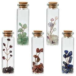 Mixed Stone 5Pcs 5 Styles Gemstone Chips Bonsai Tree in Column Glass Wish Bottles, Miniature Artificial Plants, for Home Display Decorations, 22x74mm, 1pc/style