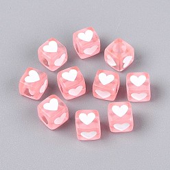 Pink Прозрачные акриловые бусины, окрашенные спреем, Куб с сердцем, розовые, 7x6.5x6.5 мм, отверстие : 3.8~4 мм, Около 2270 шт / 500 г