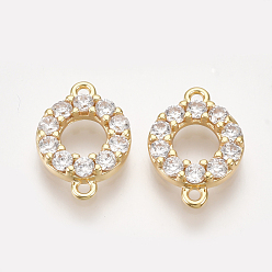 Real 18K Gold Plated Brass Links, with Cubic Zirconia, Flat Round, Clear, Nickel Free, Real 18K Gold Plated, 12.5x8.5x2mm, Hole: 0.8mm