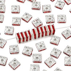 Светло-сиамский Латунные бусины разделители для поставки стразов, класс А, квадратный, без никеля , серебряные, Light Siam, 6x6x3 мм, отверстие : 1 мм