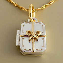 Platinum & Golden Two Tone Brass Openable Gift Box Photo Locket Pendant Necklaces for Women, Platinum & Golden, 17.72 inch(45cm)