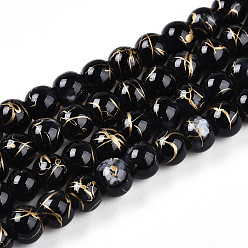 Черный Выпечки нарисованных стеклянных бусин прядей, волочильных стиле, круглые, чёрные, 6~6.5 мм, отверстие : 1 мм, около 139~162 шт / нитка, 29.53~34.25 дюйм (75~87 см)