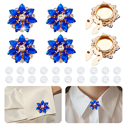 Капри Синий Запонки из сплава и пластиковые пуговицы с 4-отверстиями, с Rhinestone сплава, золотые, цветок и плоский круг, Капри синий, 27 мм и 11x2 мм, 26 шт / комплект