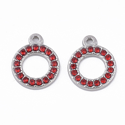 Light Siam 304 Stainless Steel Pendants, with Rhinestone, Round Ring, Light Siam, 15.5x12.5x2mm, Hole: 1.4mm