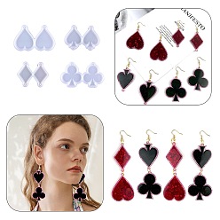 Белый 4шт 4 стиль игральные карты DIY кулон силиконовые формы набор, формы для литья смолы, для уф-смолы, изготовление ювелирных изделий из эпоксидной смолы, белые, 56.5~57x70.5~97x6 мм, внутренний диаметр: 50.5~51x31~40 мм, 1 шт / стиль